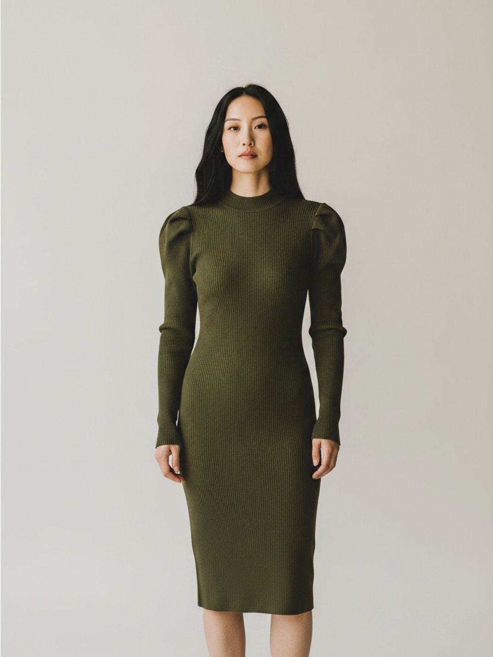 Gibson Latimer Olive Green Puff-Sleeve Ribbed Midi Dress